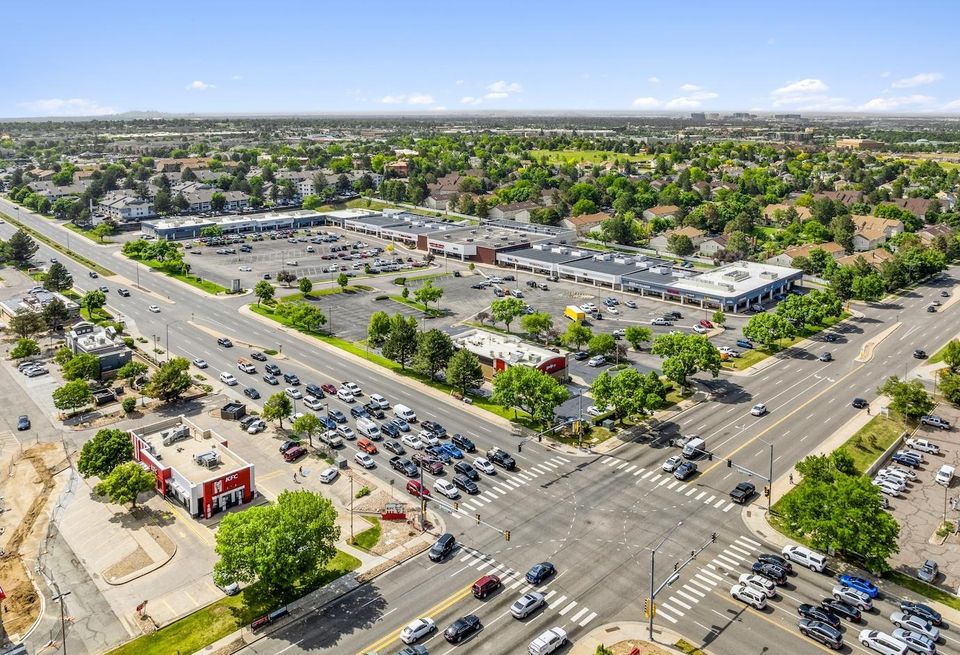 A drone image of Aurora Plaza and its surroundings