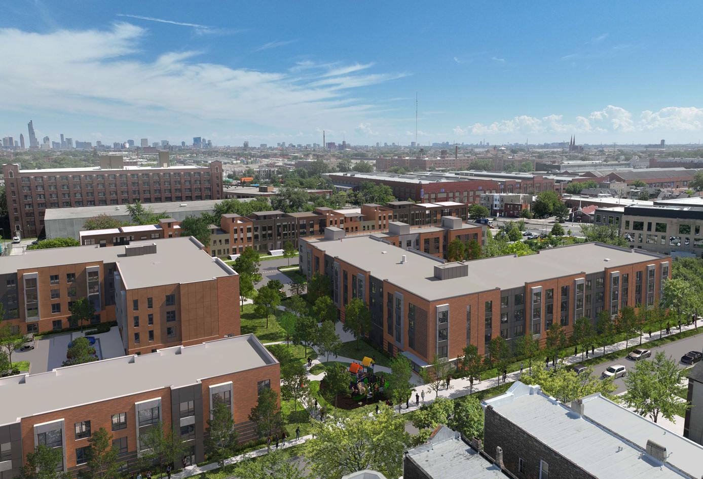 Aerial rendering of Ogden Commons' residential buildings