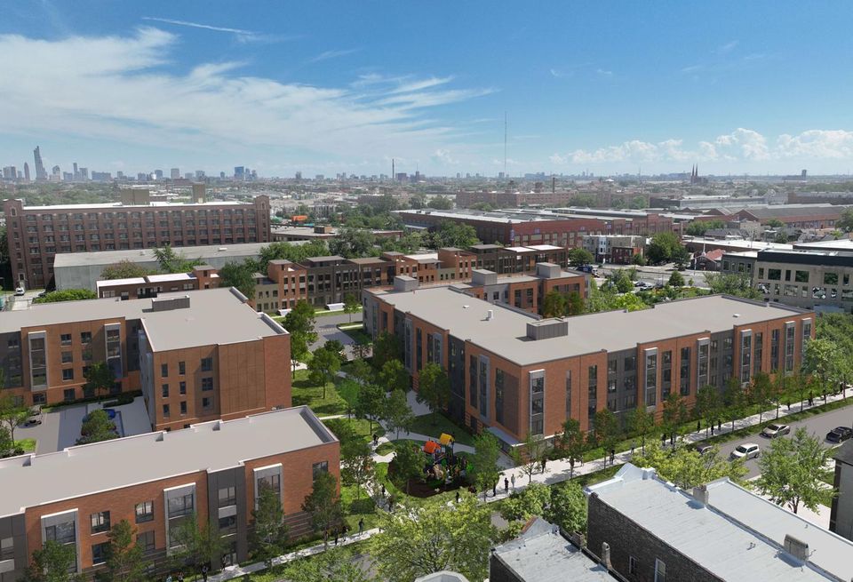 Aerial rendering of Ogden Commons' residential buildings