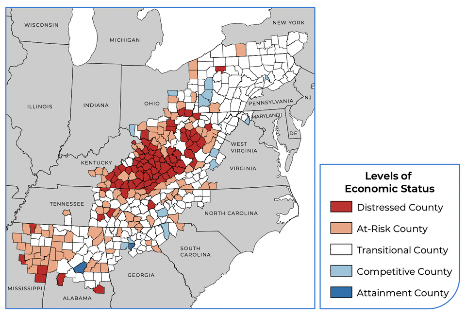 A map showing the economic status, by county, of the Appalachian region. The central Appalachian communities have the most distressed counties in the region.
