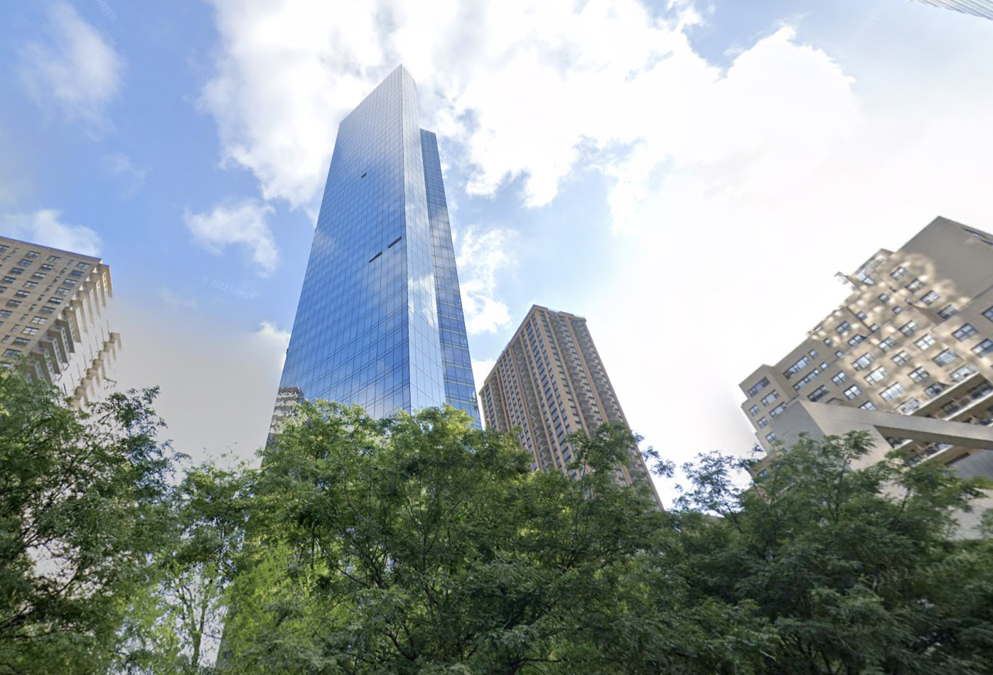 A street level view of The Aire, A&R Kaliman Realty's 43-story luxury residential tower — where a $195.8M loan has now been transferred to a special servicer.