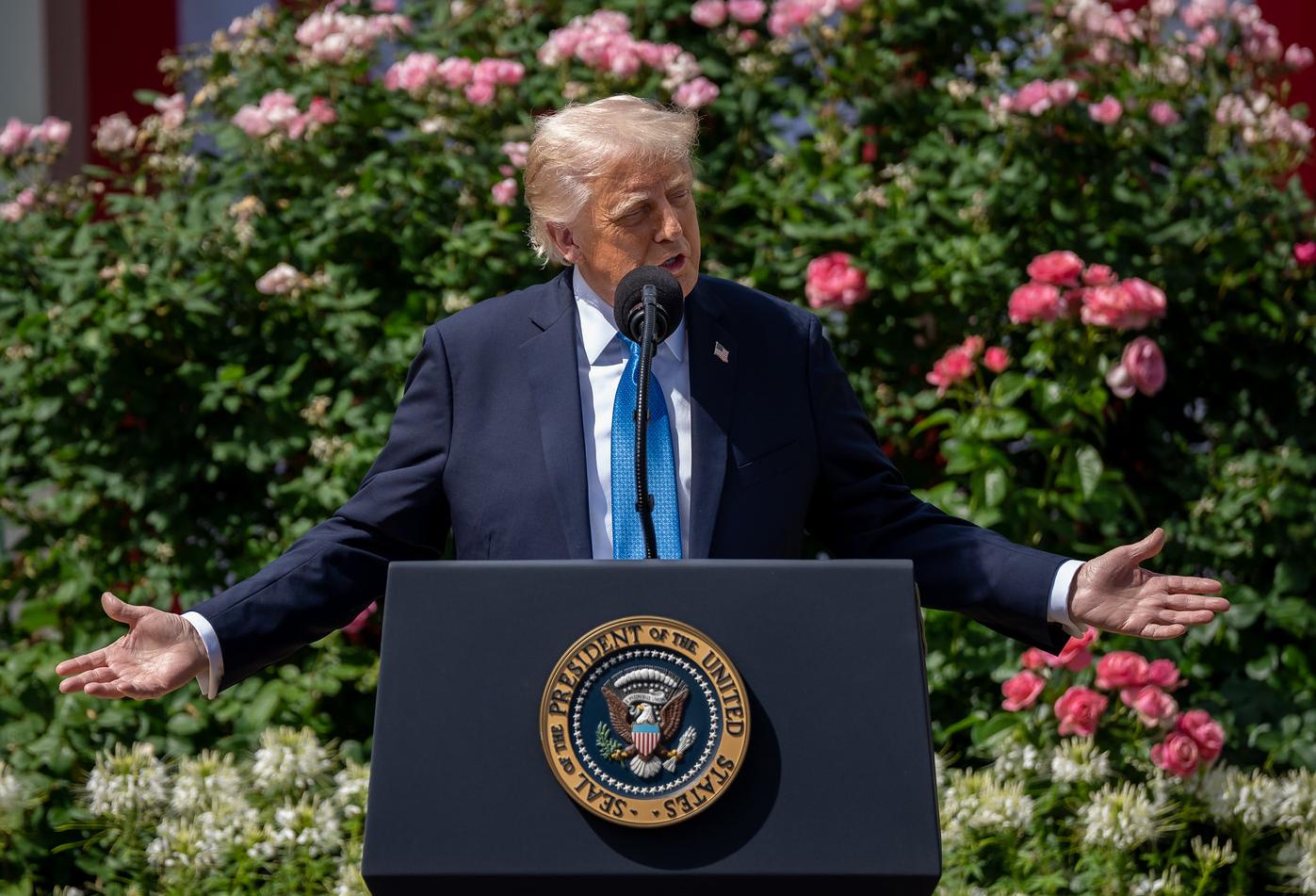 President Donald Trump and First Lady Melania Trump participate in a bill signing ceremony for the Take it Down Act, Monday, May 19, 2025, in the White House Rose Garden.(Official White House Photo by Carlos Fyfe)

