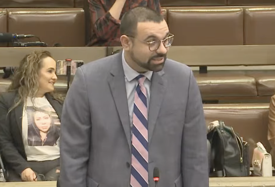 Boston City Councilor Richard Arroyo discussing rent stabilization at a city council meeting on Wednesday.