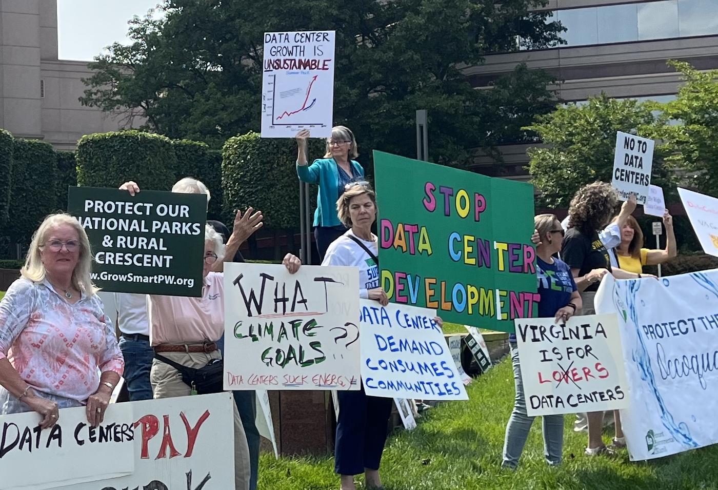 Northern Virginia data center opponents protesting outside of Bisnow's DICE East event in Tysons in 2022.
