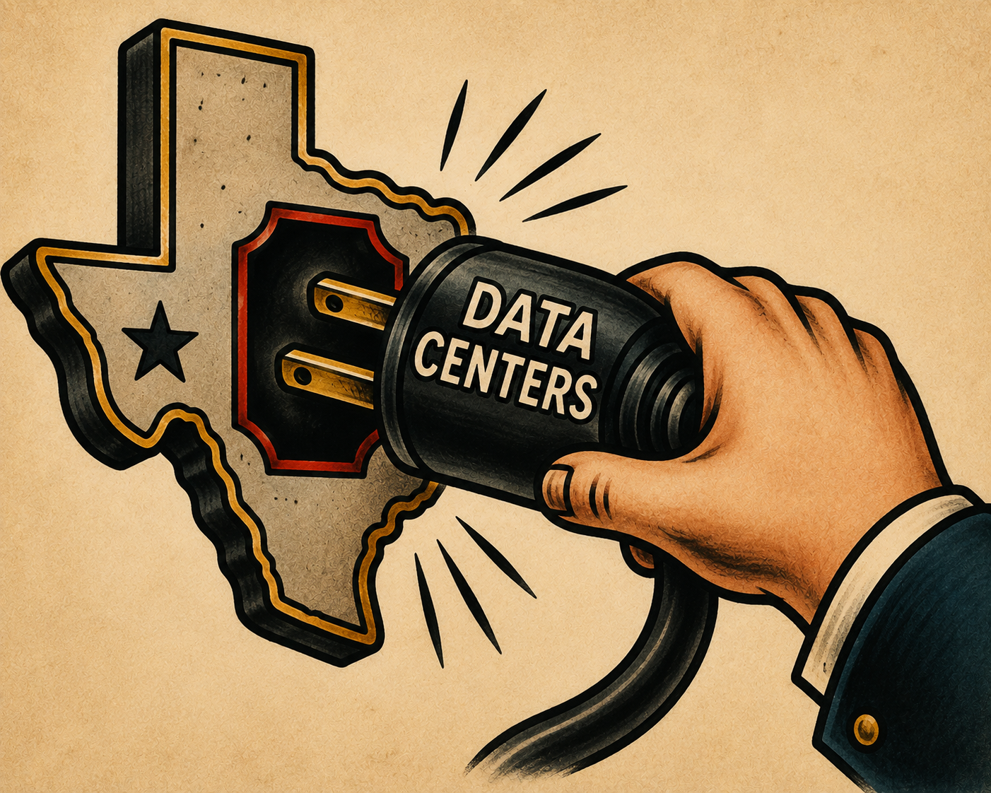 Illustration of a data center plug being pulled from a Texas-shaped socket.