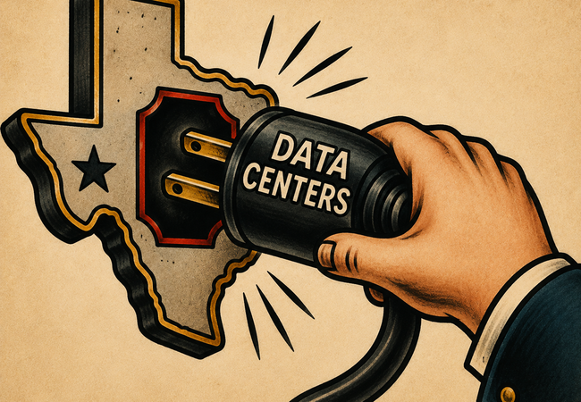 Illustration of a data center plug being pulled from a Texas-shaped socket.