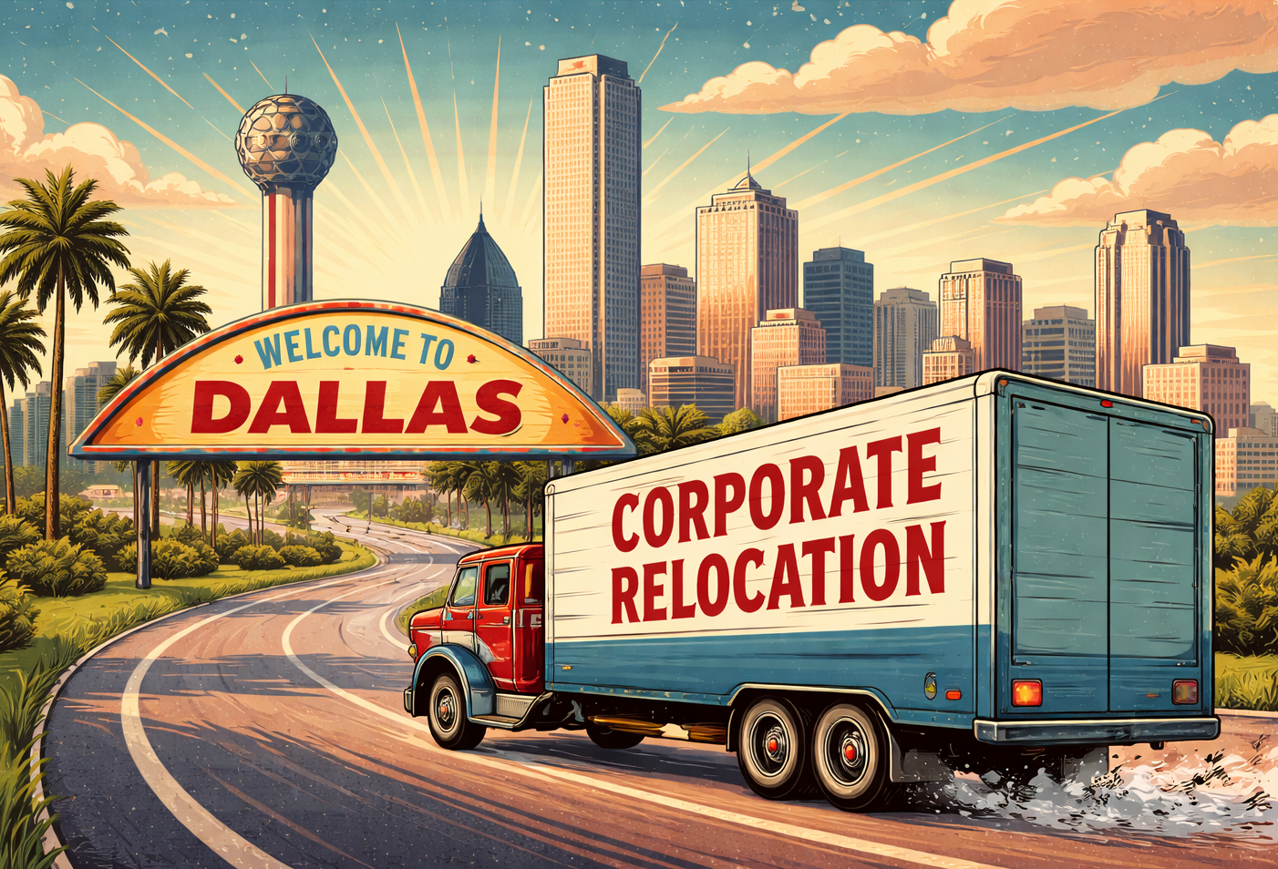 Corporate relocation van driving into Dallas. 