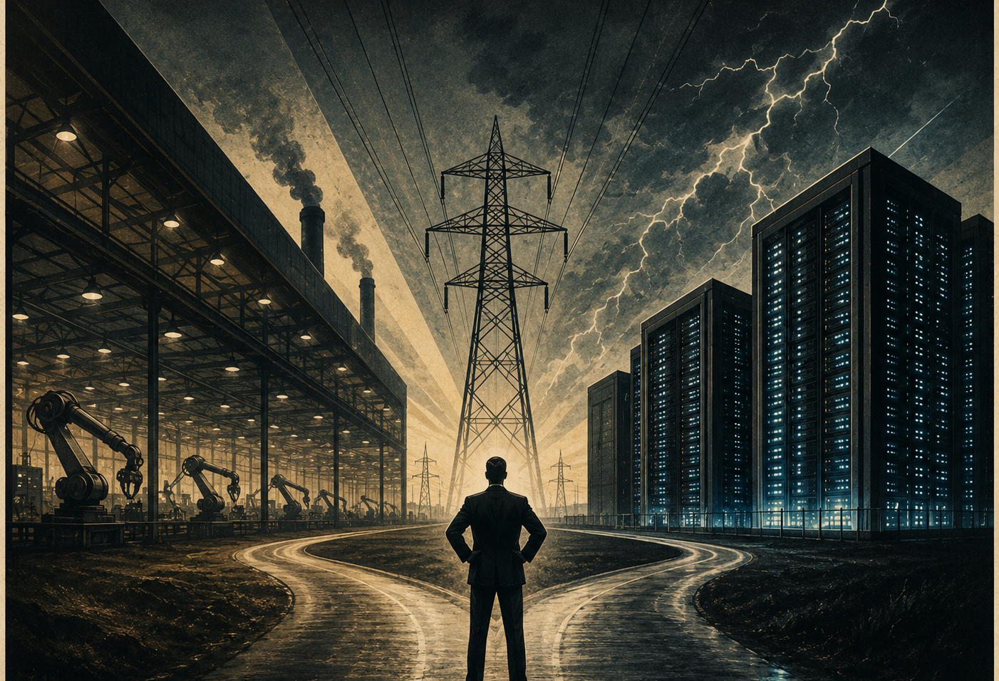 Man standing in front of power line with data centers and industrial buildings on either side of him.