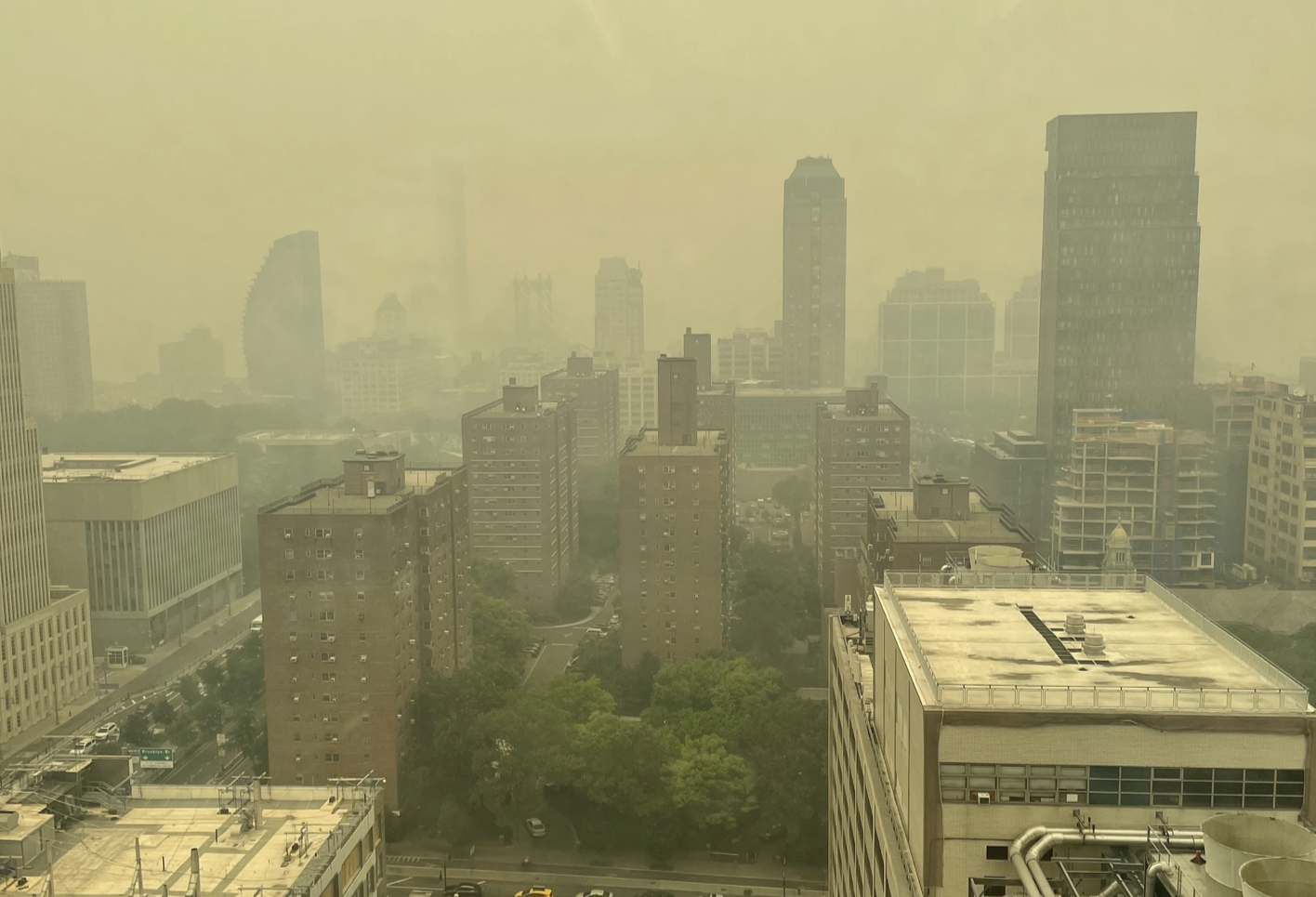 Wildfire smoke blanketed Manhattan during the day on June 7, 2023. Wildfire smoke blanketed Manhattan during the day on June 7, 2023.