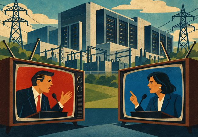 Retro TVs showing politicians shouting at each other with data centers in the background