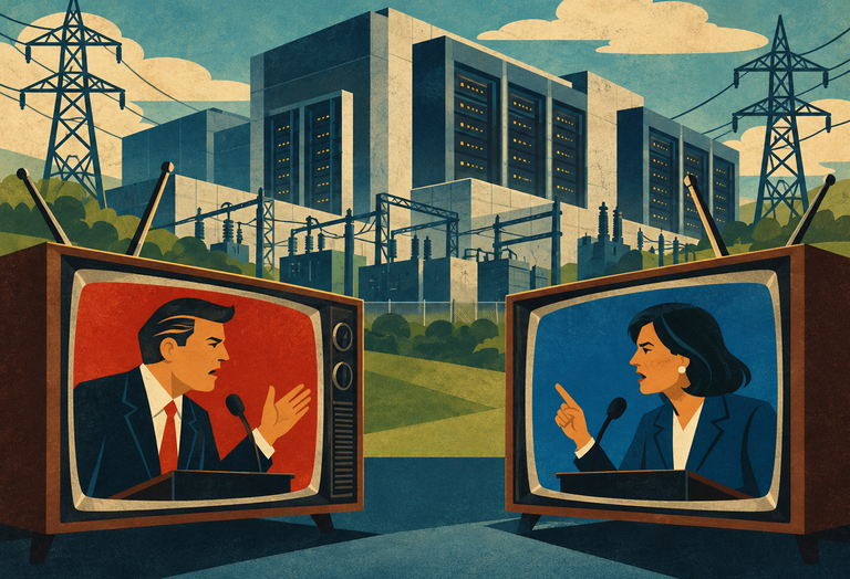 Retro TVs showing politicians shouting at each other with data centers in the background