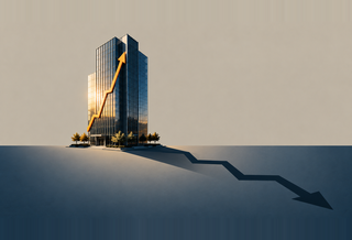 A modern glass building with an upward yellow arrow on its facade, casting a long shadow in the shape of a downward graph on the ground.