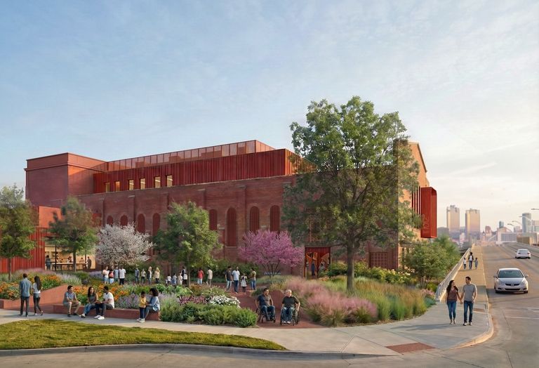 A rendering showing the entry plaza for the nonprofit's adaptive reuse project.