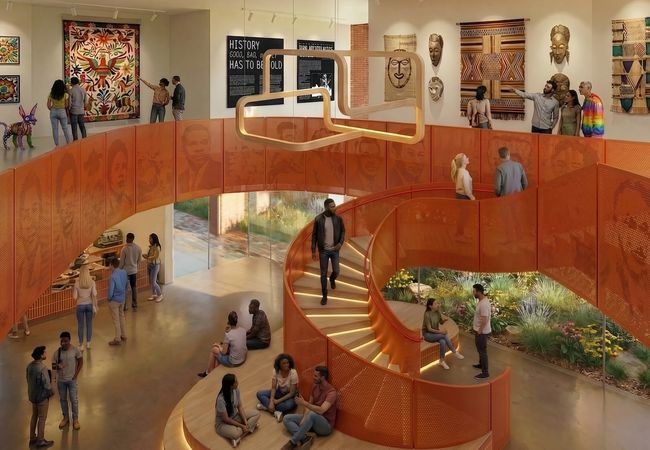 A rendering of the lobby and gallery levels at the Transform 1012 Center for Arts and Community Healing.