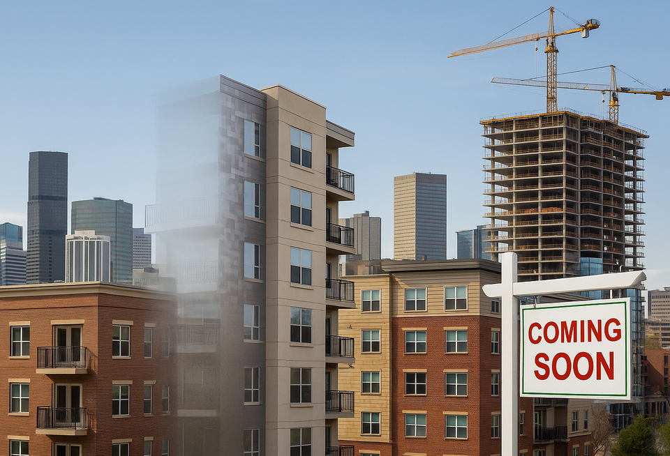 An AI-generated image of Denver's construction skyline with a disappearing or slowly appearing condo building near a