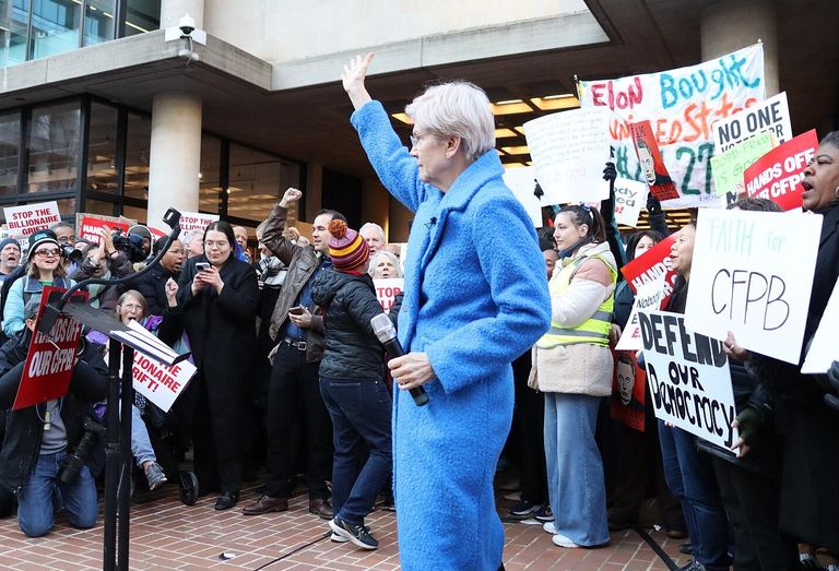 Massachusetts Sen. Elizabeth Warren at a rally for keeping the Consumer Financial Protection Bureau on Feb. 10, 2025.