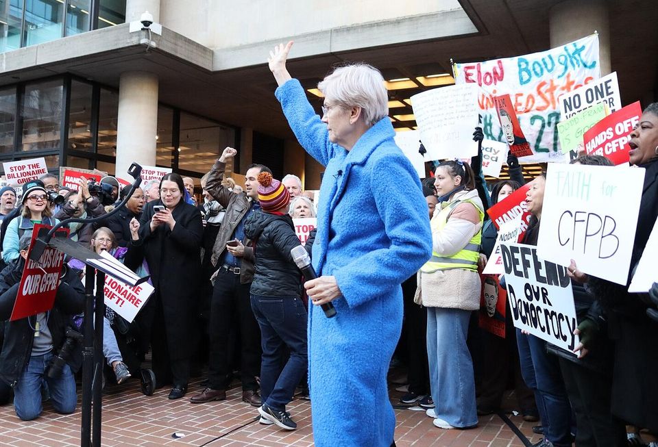 Massachusetts Sen. Elizabeth Warren at a rally for keeping the Consumer Financial Protection Bureau on Feb. 10, 2025.