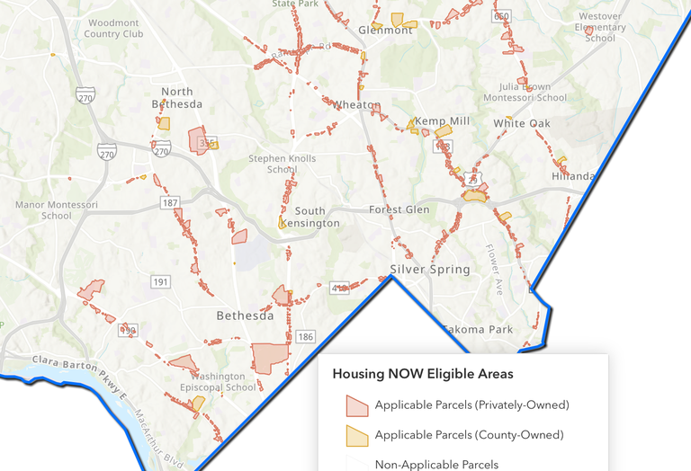 A map of the corridors in southern Montgomery County proposed for higher zoning under ZTA 25-02. 