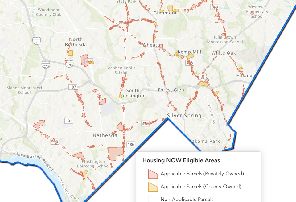 A map of the corridors in southern Montgomery County proposed for higher zoning under ZTA 25-02.