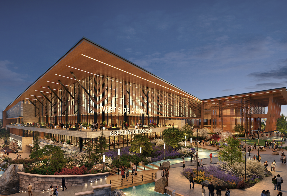 A rendering of the proposed Westside Arena in Greeley, Colorado. The building is modern mountain contemporary with a dramatic roofline and natural materials palette.