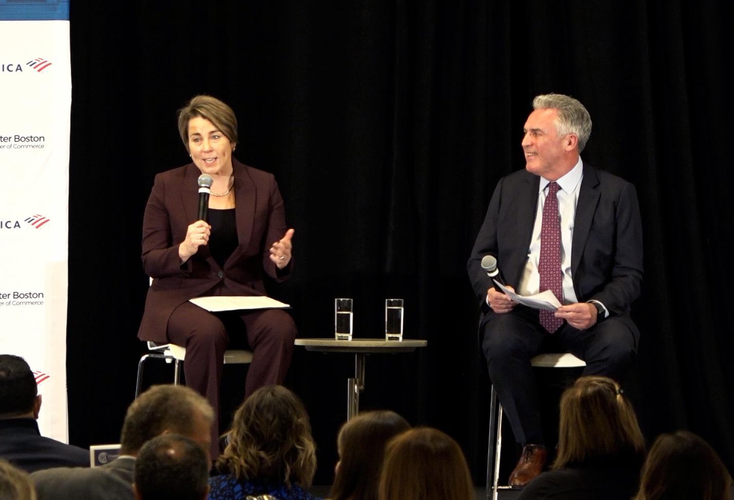 Massachusetts Gov. Maura Healey and the Greater Boston Chamber of Commerce CEO Jim Rooney.