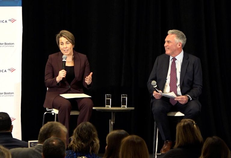 Massachusetts Gov. Maura Healey and the Greater Boston Chamber of Commerce CEO Jim Rooney.
