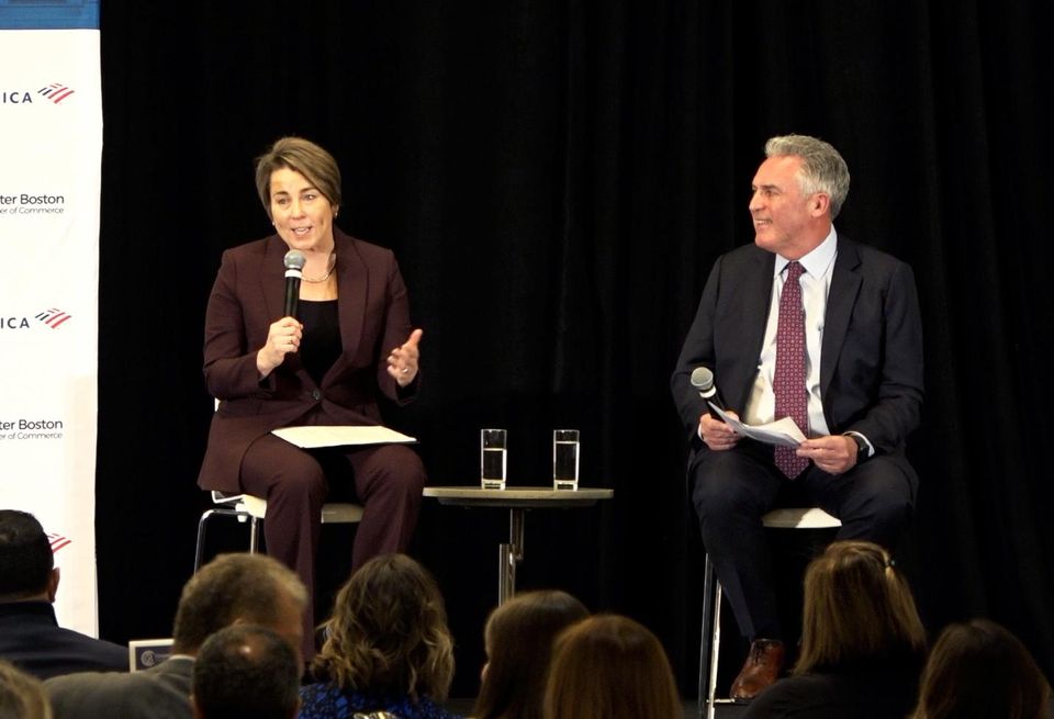 Massachusetts Gov. Maura Healey and the Greater Boston Chamber of Commerce CEO Jim Rooney.
