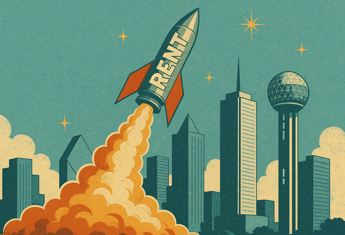 Rocket labeled rent blasting off in front of Dallas skyline
