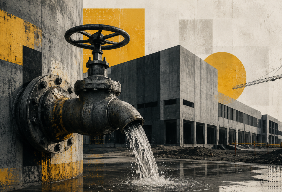 A spigot with running water while industrial is being built in the background.
