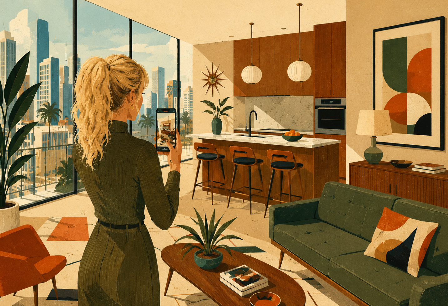 Illustration of an apartment locator filming a video.
