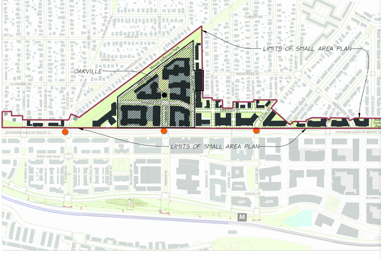 The Oakville Triangle small area plan boundaries, with the Potomac Yard Metro station visible bottom-right