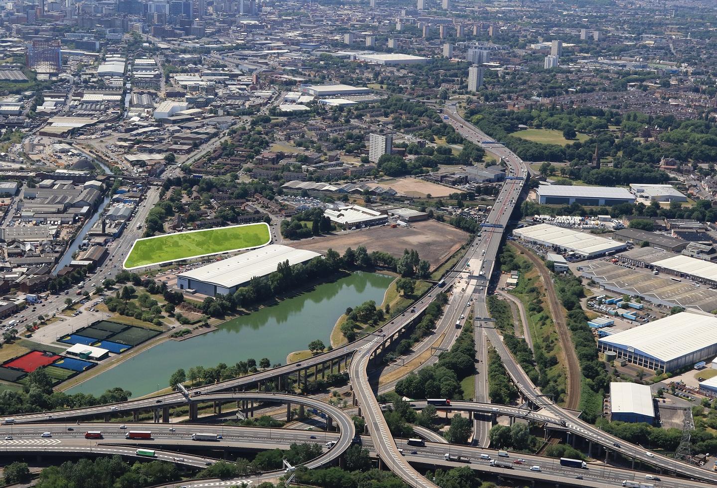 The Birmingham Advanced Manufacturing Hub, in green, next to the famous Spaghetti Junction