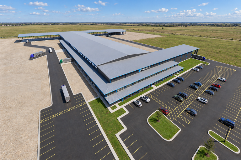 Aerial view of a large industrial warehouse with trucks and trailers parked. Adjacent parking lot has several cars. Surrounded by open grassy fields.