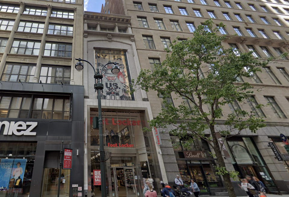 11 W. 34th St., home to a Foot Locker for years, is the subject of a foreclosure suit from lender Wells Fargo.