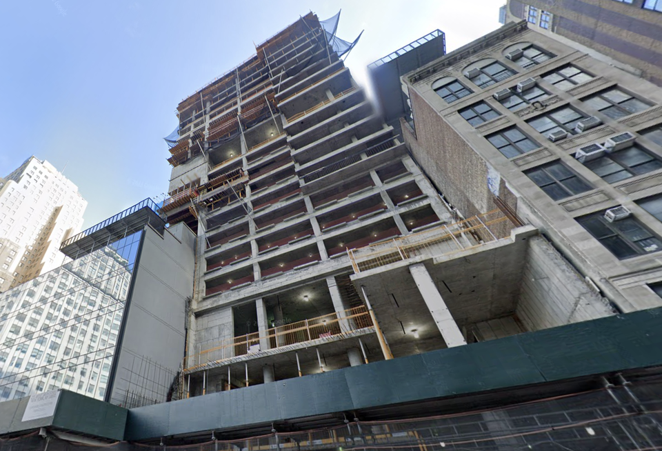 The unfinished hotel at 255 West 34th St. in August 2022, where Maverick sued to take over from the Chetrit Group after the developer missed construction deadlines.