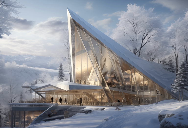 An AI-generated image of a cafe in Switzerland with a triangulated roof.