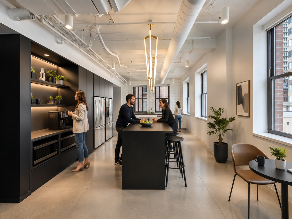 Modern office kitchen with sleek black cabinetry, three people interacting; one using a coffee machine, others chatting at a central island.