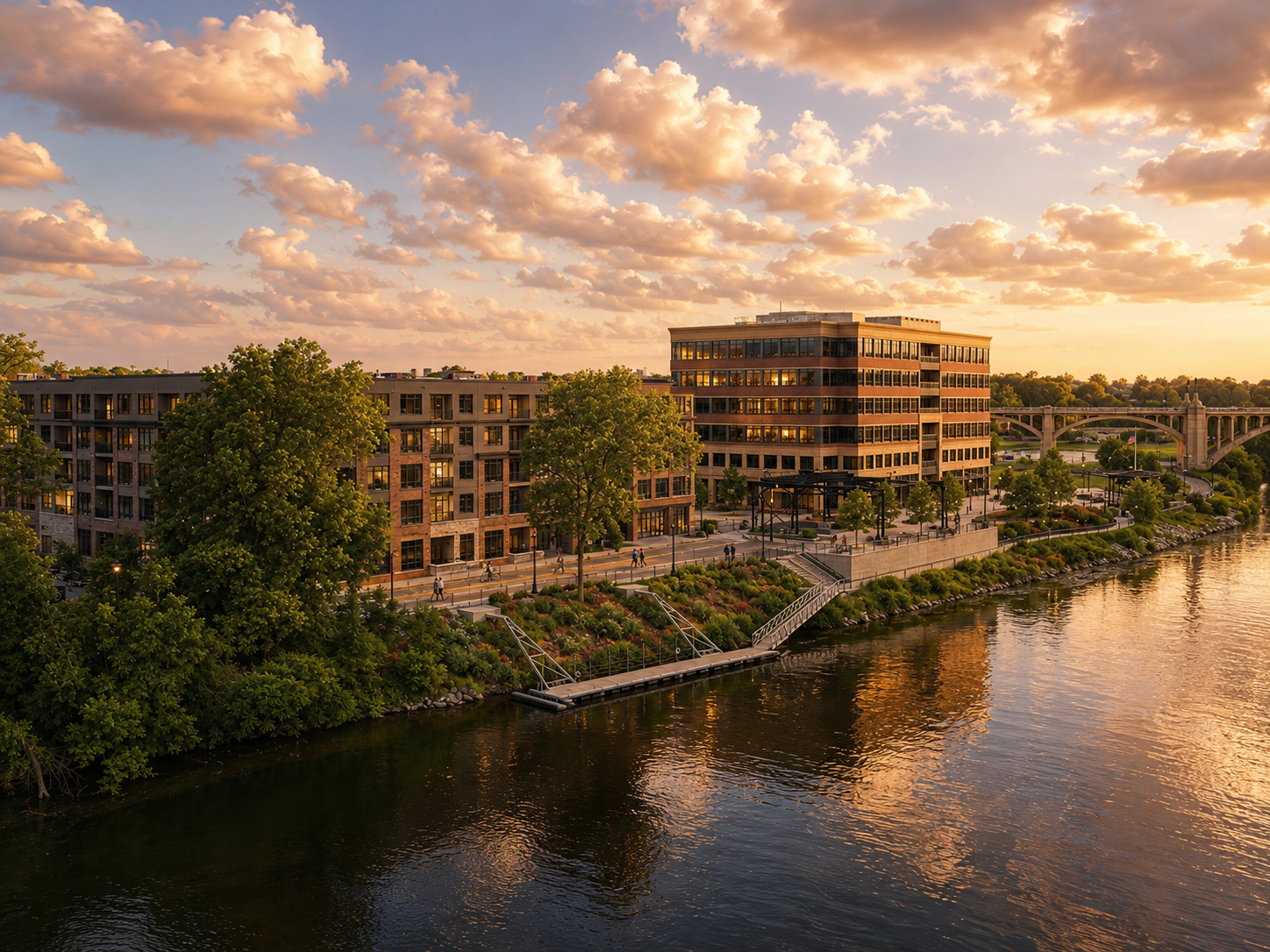 Urban riverside scene at sunset with modern buildings, lush trees, and a bridge in the background, reflecting a warm golden glow on the water.