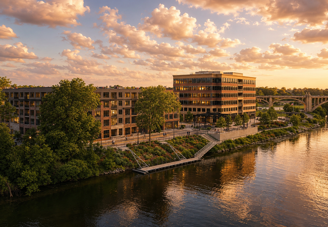 Urban riverside scene at sunset with modern buildings, lush trees, and a bridge in the background, reflecting a warm golden glow on the water.