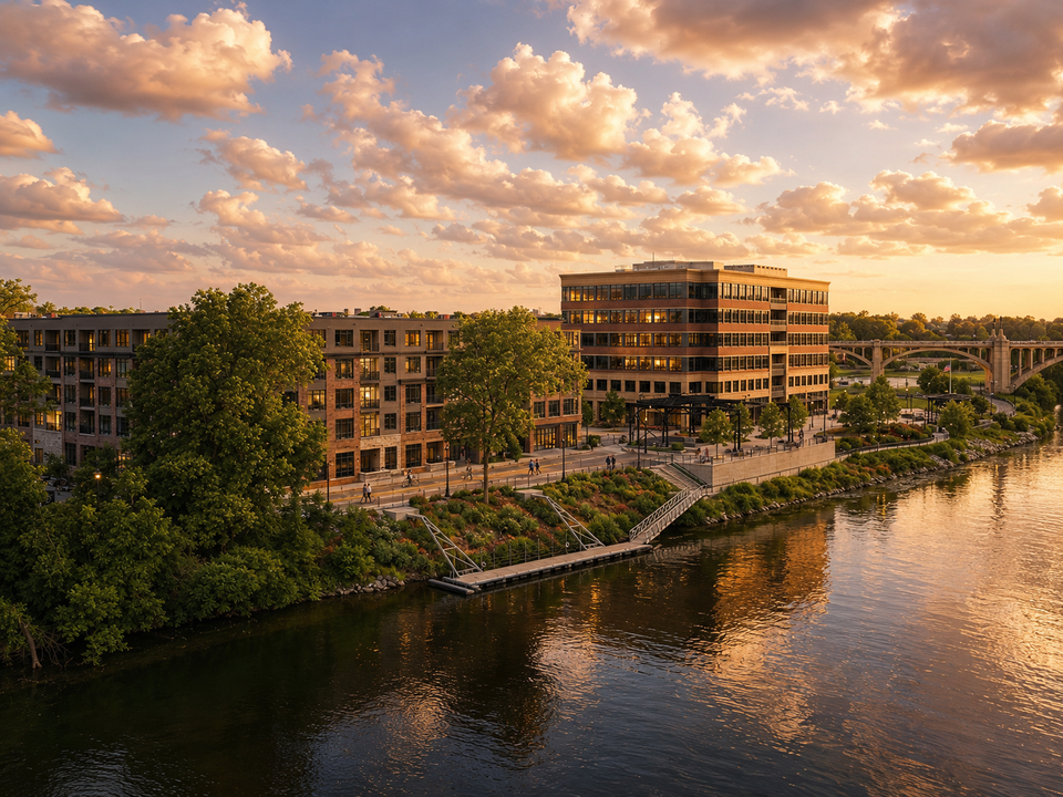 Urban riverside scene at sunset with modern buildings, lush trees, and a bridge in the background, reflecting a warm golden glow on the water.
