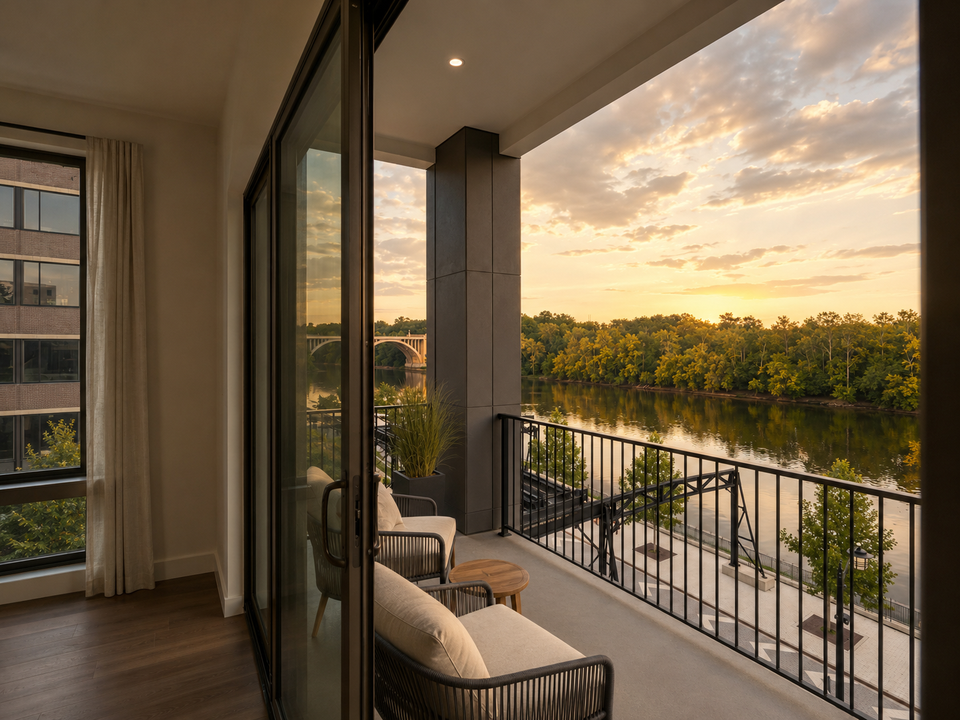 Balcony view with cozy chairs overlooking a river at sunset, surrounded by trees, with nearby modern buildings and a distant bridge.