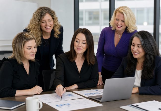 A group of five women discussing documents at a table with a laptop in a modern office setting.
