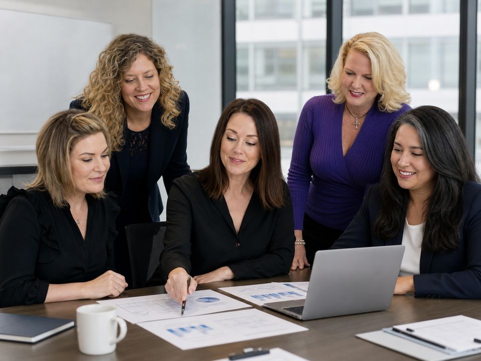 A group of five women discussing documents at a table with a laptop in a modern office setting.
