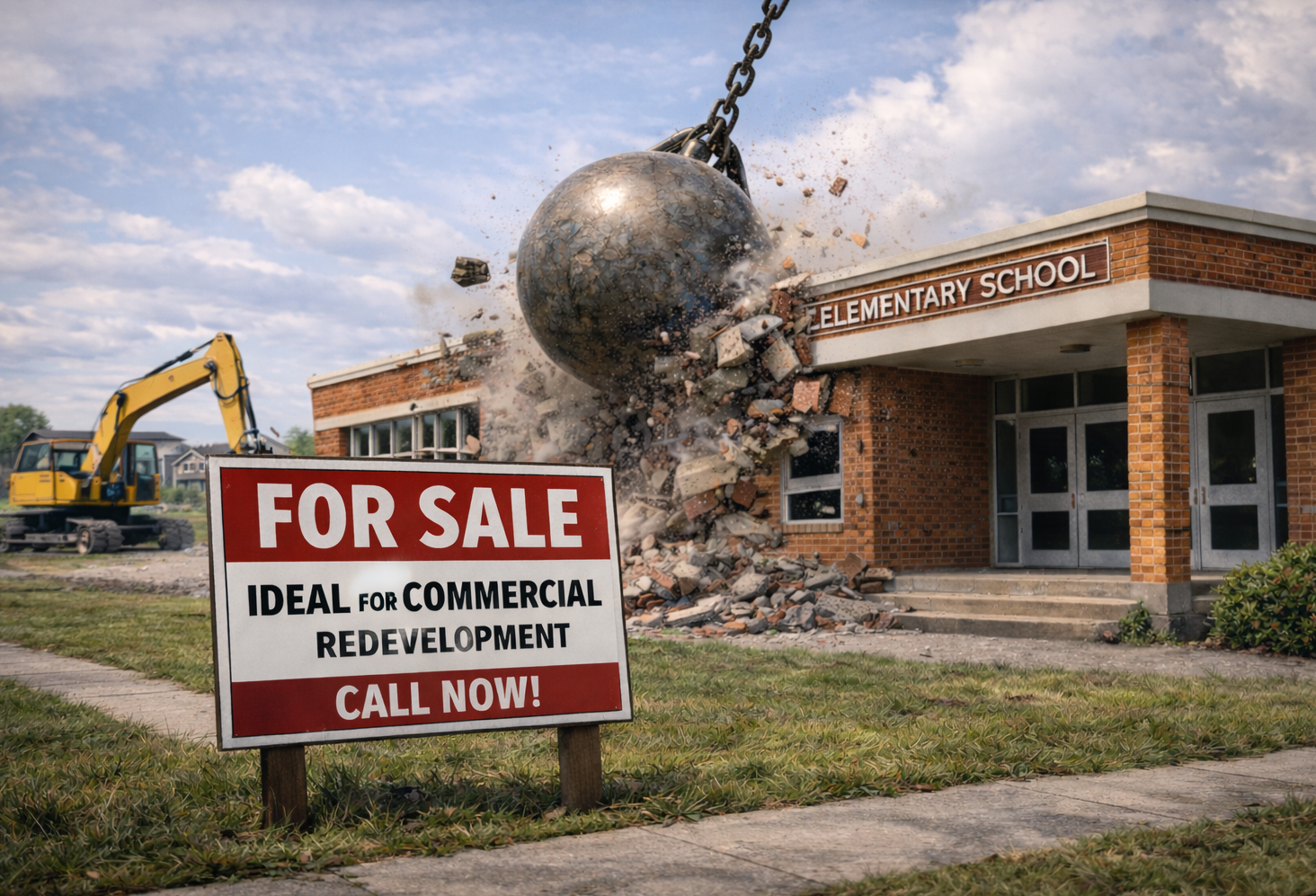 AI image of a wrecking ball hitting a school.