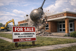 AI image of a wrecking ball hitting a school.