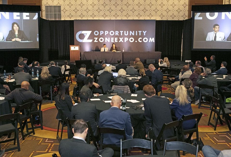 California State Treasurer Fiona Ma and Deputy Treasurer for Housing and Economic Development Jovan Agee speak at the Opportunity Zone Expo in Los Angeles