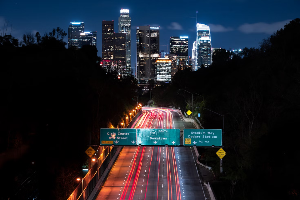 On the freeway, headed to Downtown