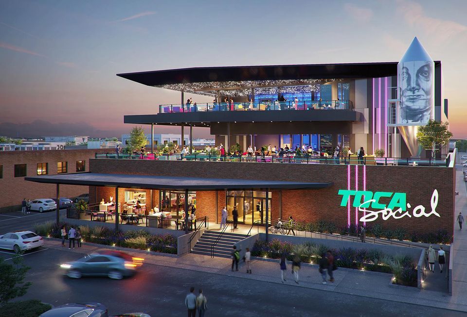rendering of a three-story restaurant and bar
