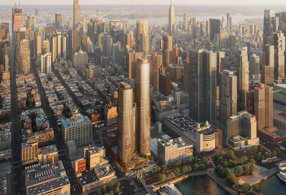 A rendering of the 1,127-unit project planned by The Gotham Organization and Fisher Brothers at 621 W. 45th St.