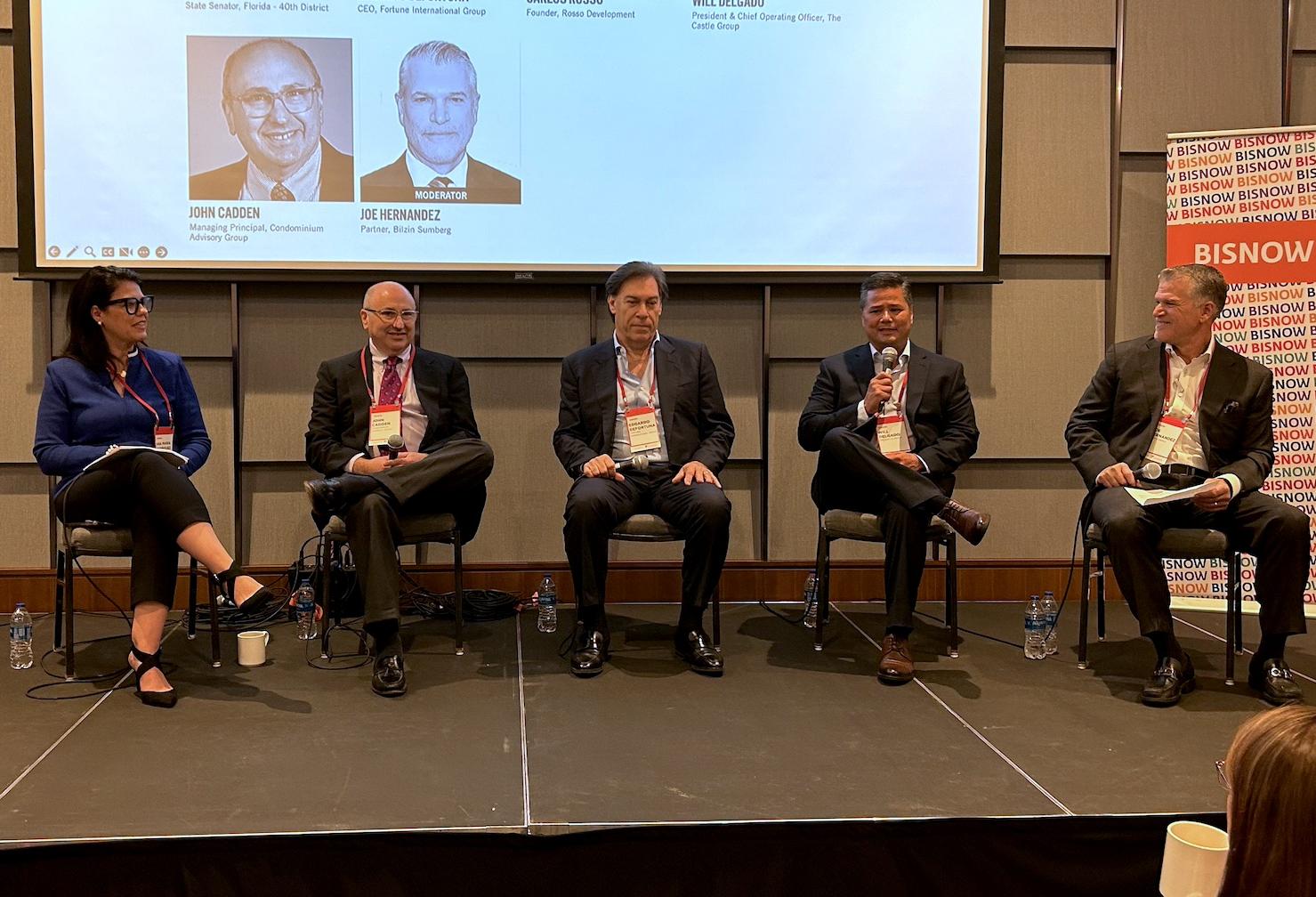 Florida State Senator Ana Maria Rodriguez, Condominium Advisory Group’s John Cadden, Fortune International Group’s Edgardo Defortuna, The Castle Group’s Will Delgado and Bilzin Sumberg’s Joe Hernandez at Bisnow’s South Florida Condo Summit on April 11, 2024. 
